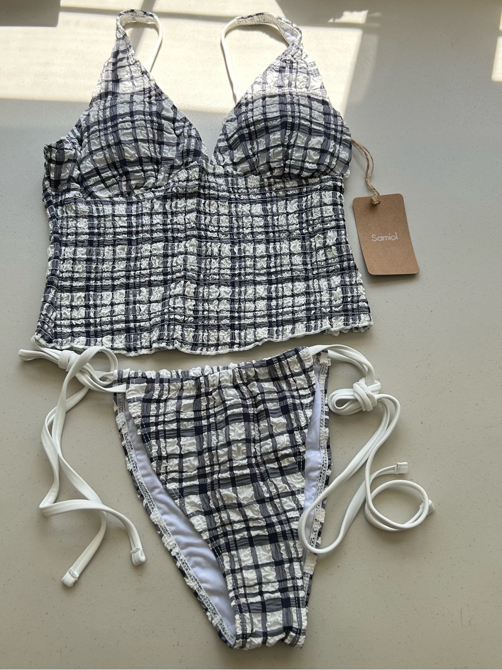 Samiol Tankini Bikini Set Small Blue Plaid Ruched Swimwear New